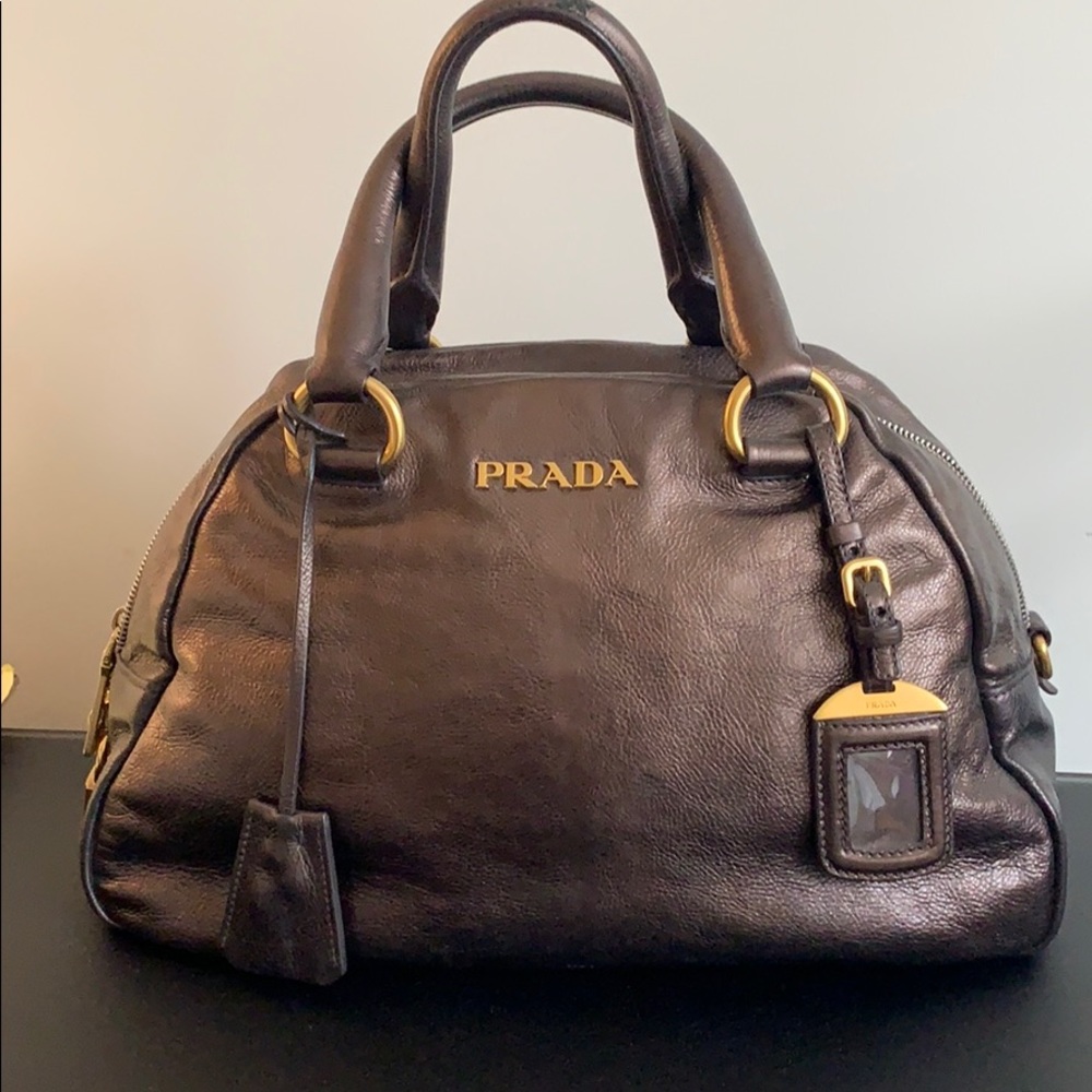 Authentic Prada Bowling Metallic Leather Hand Bag